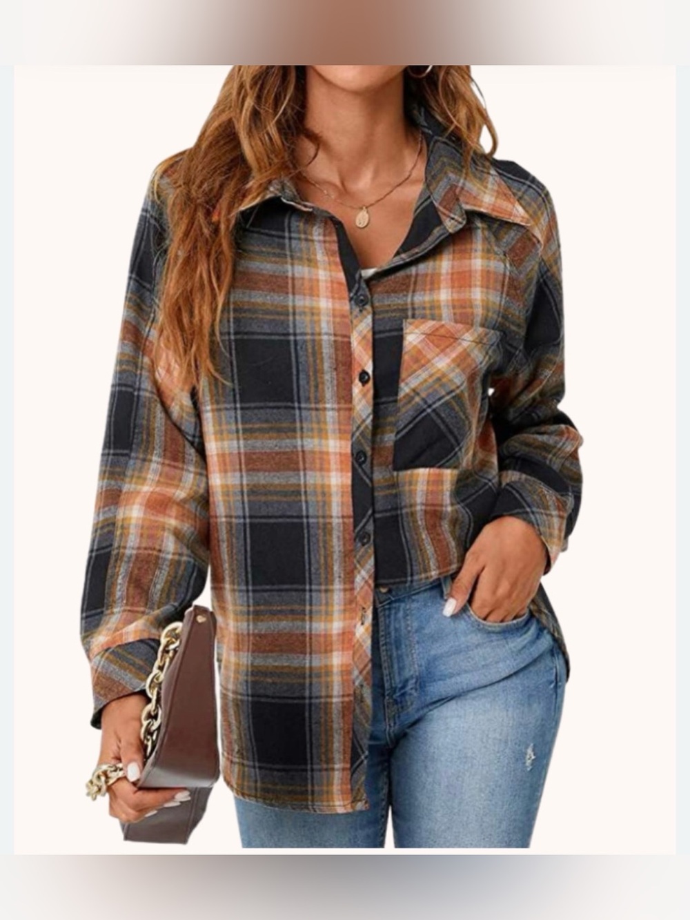 Plaid Button-Front Shirt - Black & Brown